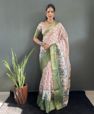 KRISHU ETHNICS Printed Kalamkari Art Silk Saree(Green)