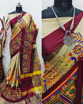 Divastri Self Design, Embroidered, Woven Bollywood Jacquard, Cotton Silk Saree(Cream, Maroon)