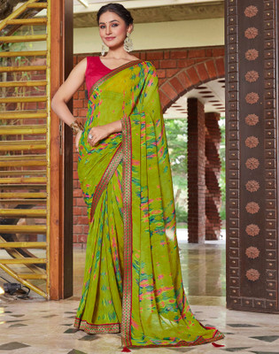 Samah Geometric Print, Printed, Embellished Daily Wear Chiffon Saree(Green)