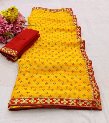 AARTI PRINTS Printed Leheria Georgette Saree(Yellow)