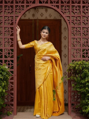 SHREEJA FASHION Woven, Floral Print, Self Design, Temple Border Banarasi Art Silk Saree(Yellow)