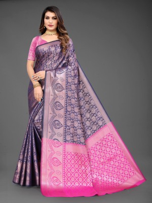 Gajal Self Design Kanjivaram Pure Silk, Art Silk Saree(Dark Blue, Pink)