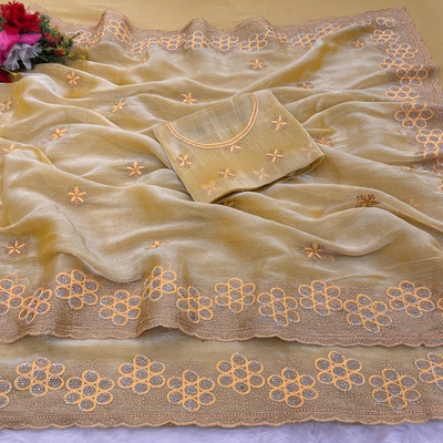 Radheradhey Embroidered Bollywood Jimmy choo Saree(Beige)