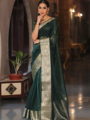DRAVYA WOMEN Solid/Plain Banarasi Organza Saree(Green)