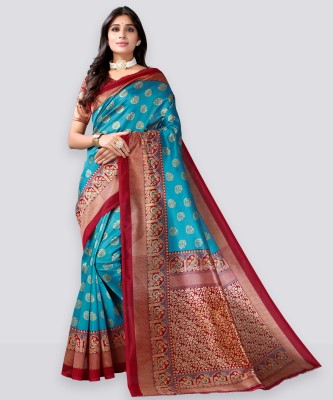 Samah Printed, Geometric Print, Floral Print Mysore Cotton Silk Saree(Red, Blue)