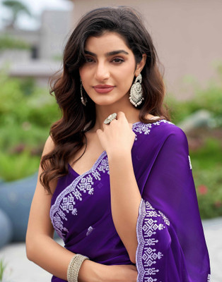 Satrani Embroidered, Embellished Bollywood Jimmy choo, Tissue Saree(Purple)