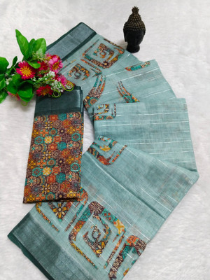 HouseOfCommon Printed Kanjivaram Linen, Cotton Linen Saree(Light Blue)