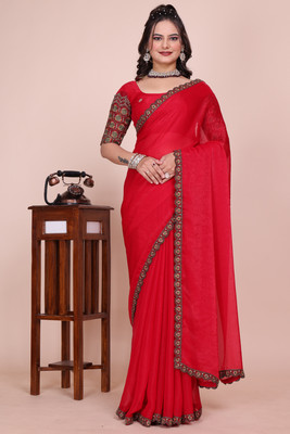 saanvi Solid/Plain, Self Design, Embroidered Bollywood Jimmy choo, Chiffon Saree(Red)