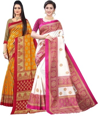 Kanooda Prints Printed Mysore Art Silk Saree(Pack of 2, Multicolor)