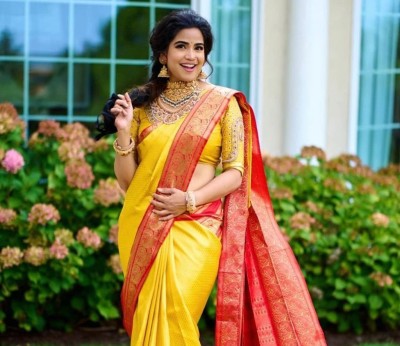 Nimidiya Woven Kanjivaram Pure Silk, Art Silk Saree(Yellow)