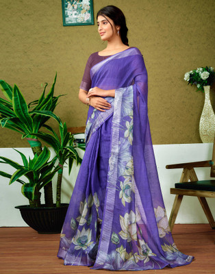 Samah Digital Print, Floral Print, Embellished Bollywood Linen Saree(Purple)