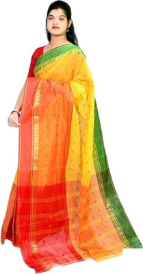 Sthaker Floral Print Handloom Cotton Blend Saree(Yellow)