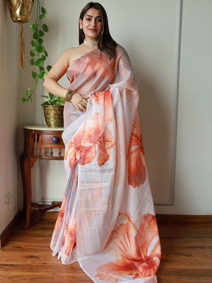 ANOUK Printed Saree with Attached Blouse Organza Saree(Grey)