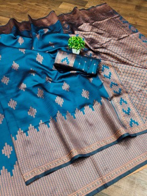 VIRDHI TEXTILE Printed, Self Design, Embellished, Woven, Animal Print, Blocked Printed Banarasi Jacquard, Silk Blend Saree(Blue)
