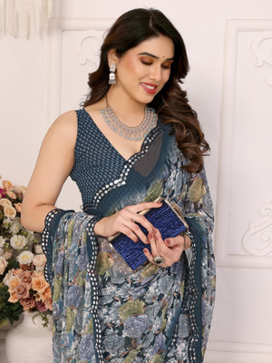 TTH Printed Bollywood Georgette Saree(Dark Blue, Green, Blue)