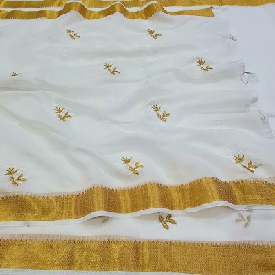 Veer Vision Embroidered, Floral Print, Self Design, Temple Border, Woven Kasavu Cotton Linen Saree(White, Gold)