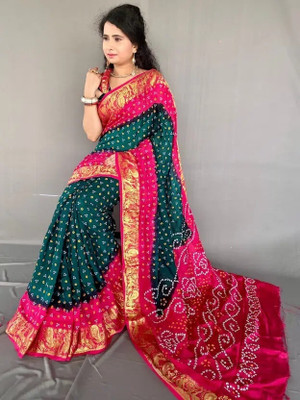 rajranitextiles Printed Bandhani Georgette Saree(Green, Pink)