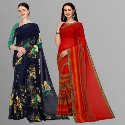 kashvi sarees Floral Print Daily Wear Georgette Saree(Pack of 2, Dark Blue, Red)