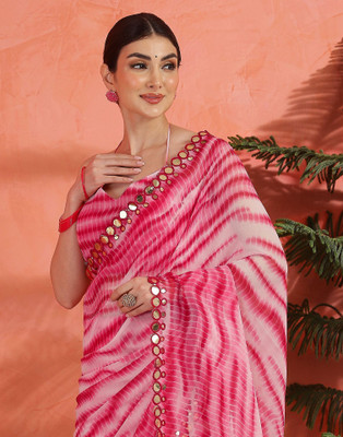 Samah Tie-Dye, Printed, Embellished Leheria Georgette Saree(Pink)