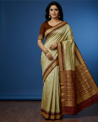 Afronza Temple Border, Woven, Striped Sambalpuri Silk Blend, Pure Silk Saree(Cream)