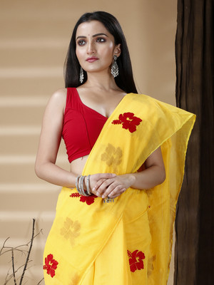 DipDiya Floral Print Handloom Art Silk Saree(Yellow)