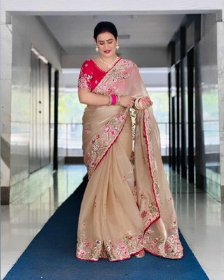VRLOOKMEFASHION Embroidered Bollywood Jimmy choo Saree(Cream)