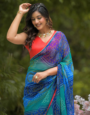 Samah Printed Bandhani Georgette, Chiffon Saree(Green, Blue)