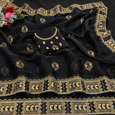 MIYANIFAB Embroidered Bollywood Jute Silk Saree(Black)