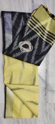 govind handloom Printed Bollywood Cotton Linen Saree(Black, Yellow)