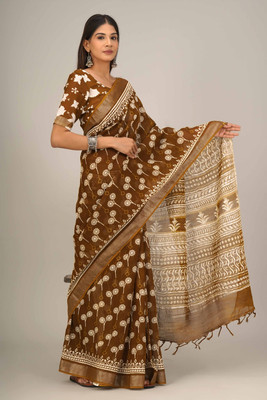 Tropwear Printed Ikkat Cotton Linen Saree(Mustard)