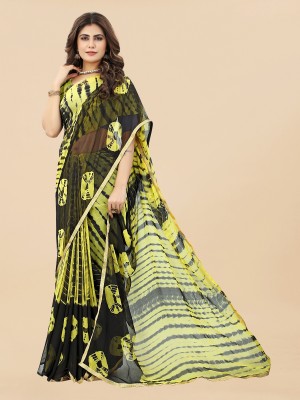 KV Fashion Hand Painted Bollywood Chiffon Saree(Yellow, Black)