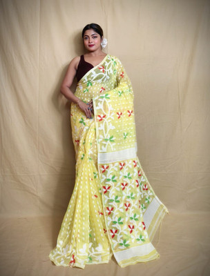 SPFashion Woven, Self Design Jamdani Cotton Silk Saree(Yellow)
