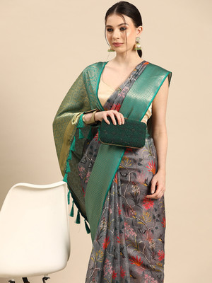 Tasrika Digital Print Banarasi Silk Blend Saree(Grey)