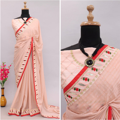monoria Striped Bollywood Chiffon Saree(Orange)