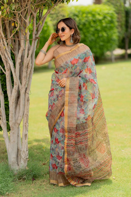MIRCHI FASHION Printed, Floral Print Kota Doria Polyester Saree(Light Green, Multicolor)