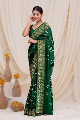 rajranitextiles Printed Bandhani Georgette Saree(Green)