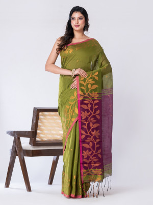 CXMAT Printed Handloom Cotton Blend Saree(Green)