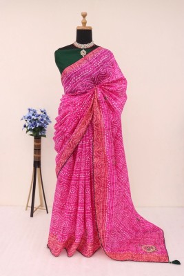 SimSim Trendz Printed, Temple Border, Embroidered Bandhani Pure Cotton, Cotton Silk Saree(Pink)