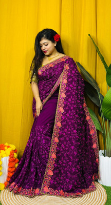 Dona Sharee Embroidered Bollywood Silk Blend Saree(Purple)