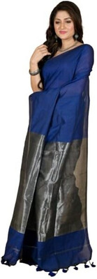zayraa Solid/Plain Daily Wear Cotton Blend Saree(Dark Blue)