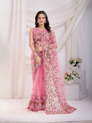 odette Embroidered Saree with Attached Blouse Net Saree(Pink)