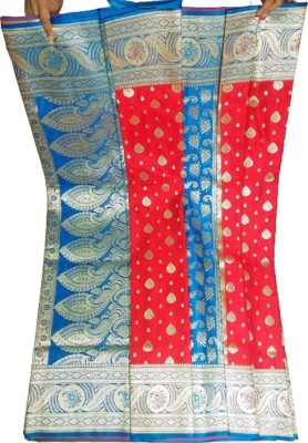 ANUDHYA FASHION Self Design, Woven Banarasi Pure Silk Saree(Red, Light Blue)