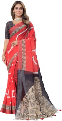 INITHI Woven Bollywood Cotton Linen Saree(Red)