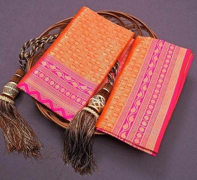 LADY SHOPI Embellished Banarasi Pure Silk Saree(Orange)