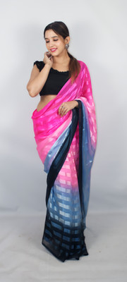 Moda Rapido Self Design, Striped, Ombre Bollywood Satin Saree(Pink, Grey, Black)