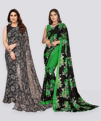 Anand Sarees Floral Print, Polka Print, Ombre, Printed Bollywood Georgette Saree(Pack of 2, Green, Black)