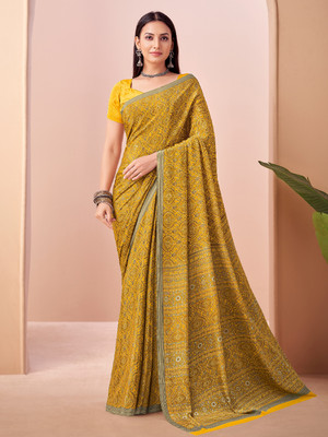 Divastri Floral Print, Geometric Print, Digital Print, Printed Bollywood Crepe Saree(Yellow)