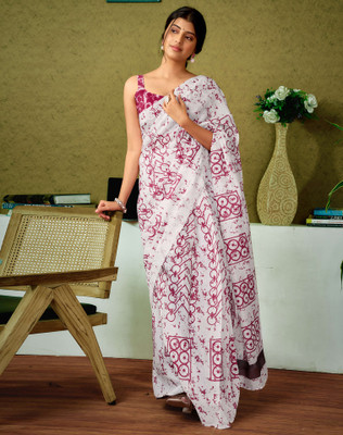 Divastri Floral Print, Geometric Print, Printed Sambalpuri Chanderi, Cotton Blend Saree(White, Pink)
