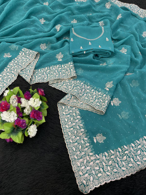 Radheradhey Embroidered Bollywood Organza Saree(Blue, White)