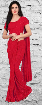 Fashion Field Solid/Plain Bollywood Net Saree(Red)